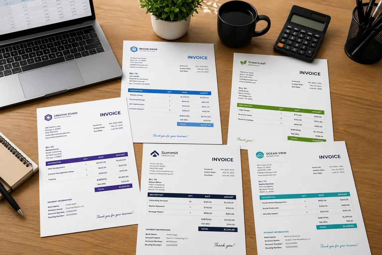 Professional invoice documents, calculator, and pen on a business desk